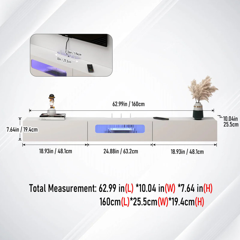 White Floating Tv Stand With Led Lights And Glass Door,63'' Wall Mounted Tv Shelf