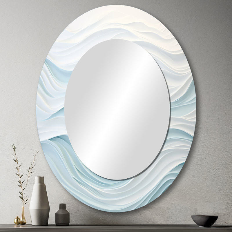Bleu et blanc Simplicity Wave - Grand miroir mural ovale sur métal, 43 po x 33 po