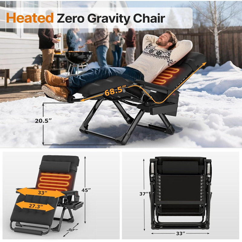 Très grande chaise chauffée zéro gravité XXL, chaise longue pliante inclinable de patio de 33 po, support 500 lb, Noir