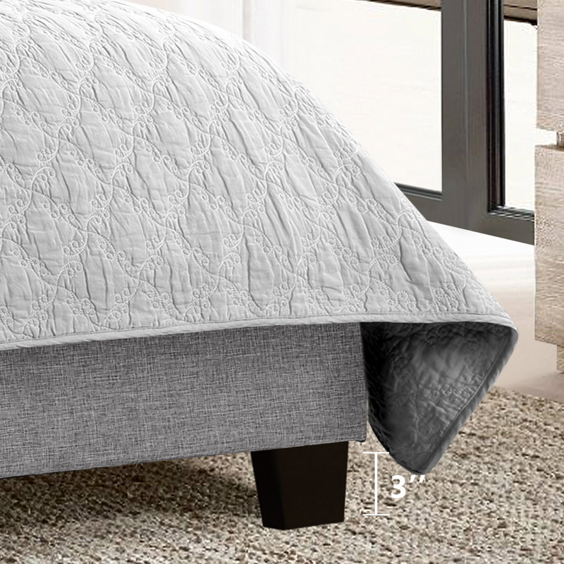 Lit tapissier en tissu, base de lit à hauteur réglable capitonnée, Gris, Très grand lit