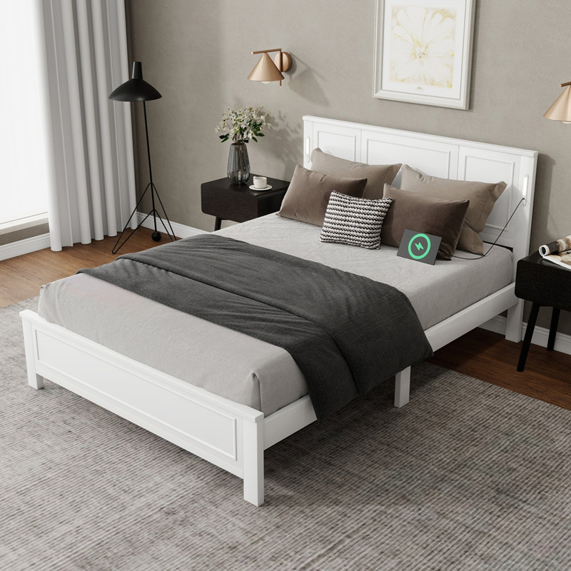 Grand lit avec tête et pied de lit à grand panneau, lumières DEL intégrées, station de charge USB, lit en bois de pin avec cadre de lit renforcé, blanc