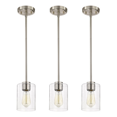 Suspension miniature à une lumière en nickel brossé avec abat-jour en verre transparent bullé, hauteur réglable, intensité variable, câblée (paquet de 3).