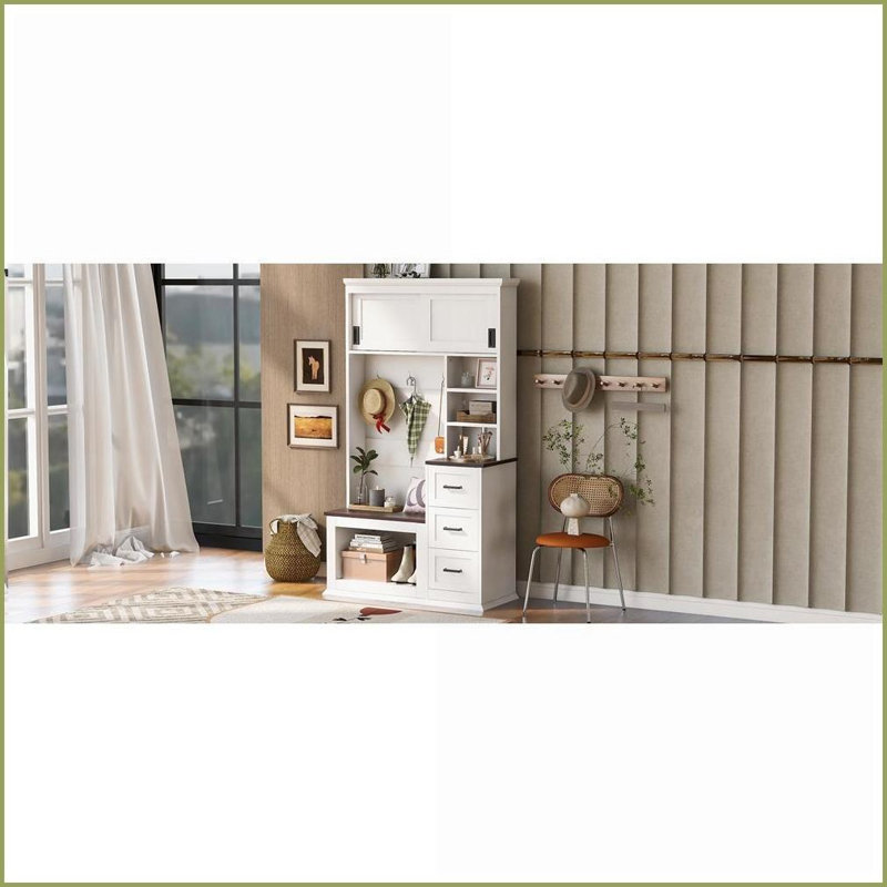 Portemanteau avec banc de rangement, portemanteau moderne 40,2 po avec tablettes et crochets de tiroirs | Bois naturel / blanc | Panneau de fibres à densité moyenne
