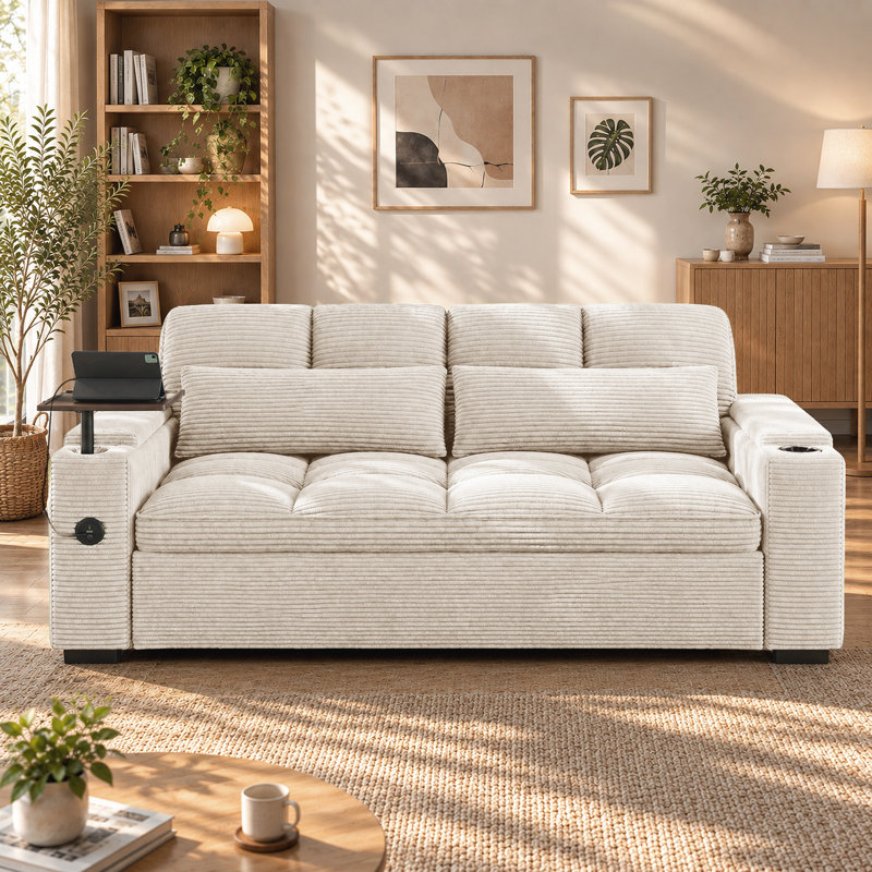 Canapé-lit convertible 65 po Corduroy, causeuse escamotable avec table d'appoint, ports de chargement USB et poche de rangement, canapé-lit moderne
