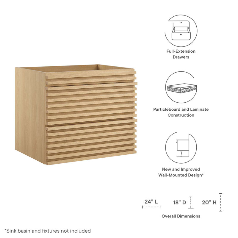 Oak 24" Wall-Mount Single Bathroom Vanity with Slatted Design