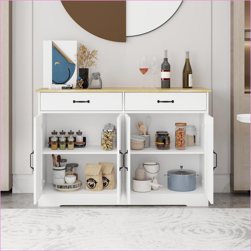 Cabinets, 47.95" Farmhouse Off-White Storage Sideboard with 2 Drawers &amp; 4 Doors for Dining Living Room | MDF | Kitchen