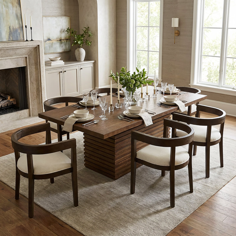 Avelin Contemporary Rubberwood 7-Piece Dining Set With Upholstered Tub Armchairs