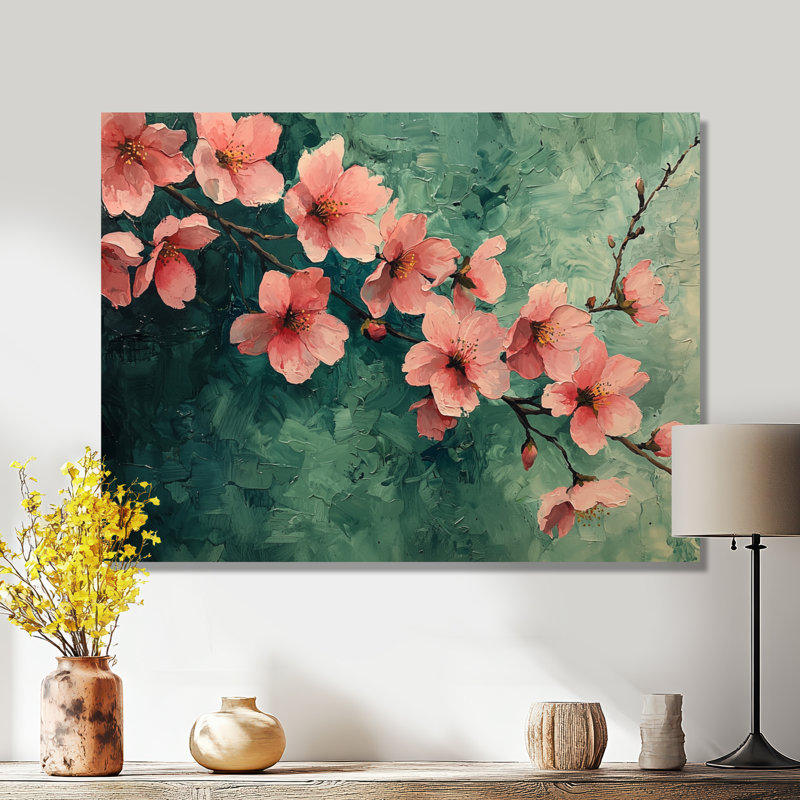 Fleurs de cerisier au réalisme vert printanier - Fleurs de cerisier en métal, 16" H x 32" W