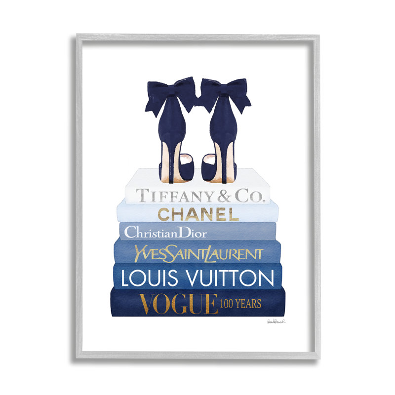 Navy Blue Bow Heels Chic Glam Bookstack Gray Farmhouse Rustic Oversized Framed Giclee Texturized Art by Amanda Greenwood
