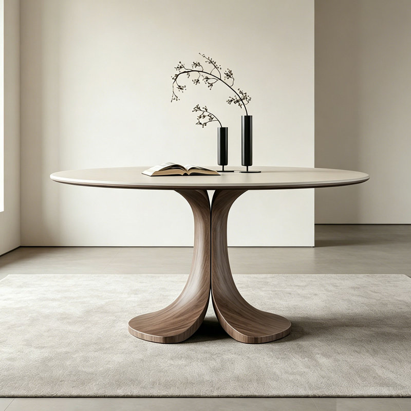 Table ronde Mid-Century en pierre frittée, H 29,5 po x L 51,2 po x l 51,2 po