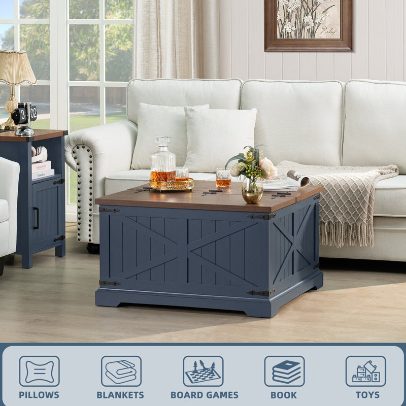 Farmhouse Coffee Table With Hidden Storage Organizer, Modern Square Large Center Table, Wood Farm House Low Navy Blue Living Room Tables With Hinged Lift Top For Home, Office