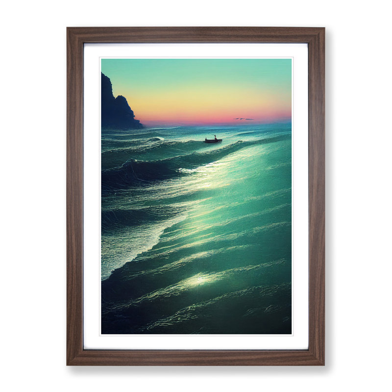 Boat By The Coast - Wall Art, 66cm H x 48cm W x 2cm D, Walnut Framed, White