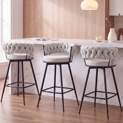 Modern Beige Upholstered Bar Stool With Woven Look Backrest & Fixed Black Metal Frame Stable Counter Height Stool For Kitchen Breakfast Bar Or Cafe, Set Of 3