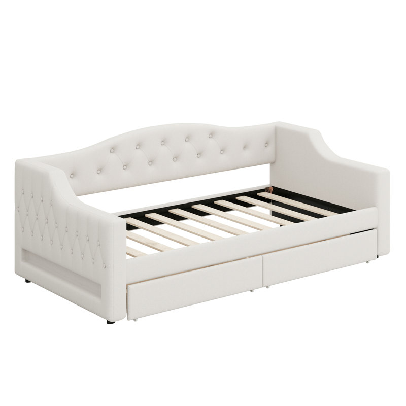 Lit de jour rembourré avec ceinture à DEL et 2 tiroirs, Beige