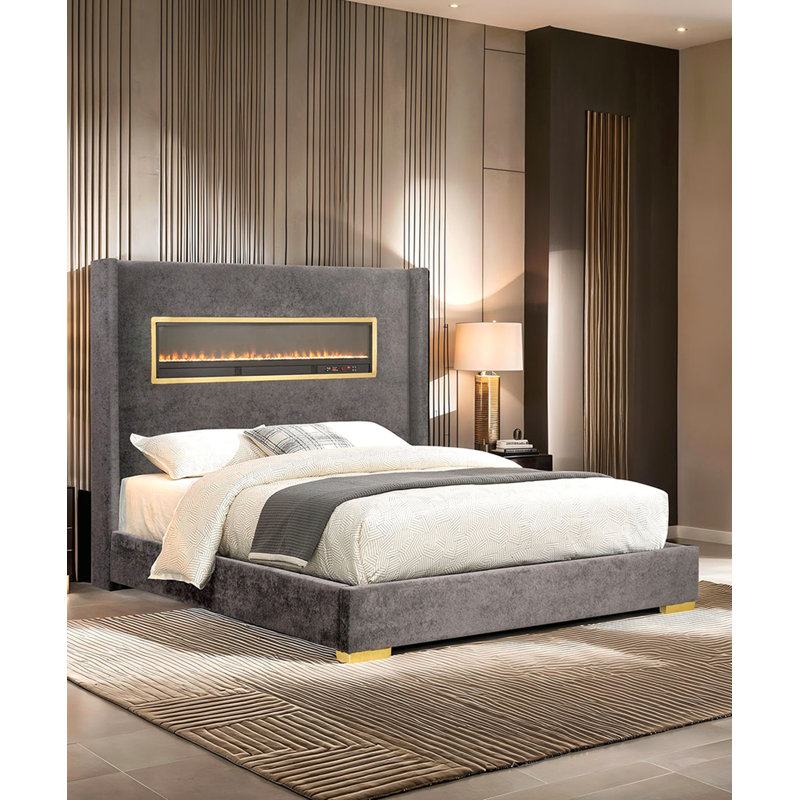 Magnifique lit plateforme tapissier en tissu de style contemporain de style oriental gris avec 1 lit de très grande taille