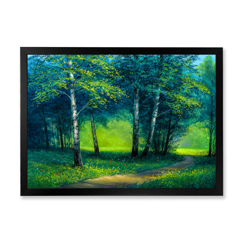 «Path Into Green Summer Birch Forest», art mural sur toile traditionnel, H 8 po x l 12 po x P 1 po, Cadre photo noir