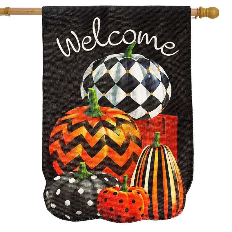 Patterned Pumpkin Stack Burlap House Flag