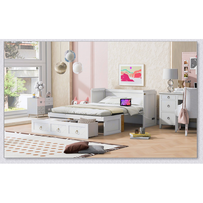 Lit escamotable avec port USB et grand tiroir, Double, Blanc