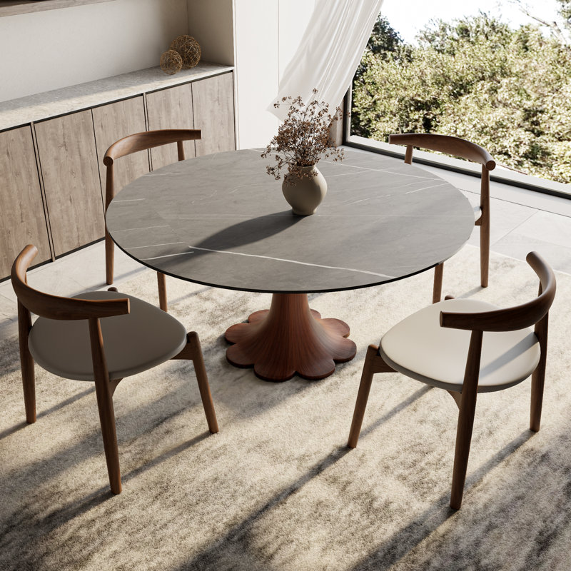 Table de salle à manger ronde ronde en pierre avec base en bois massif pour 4 à 10 personnes, Brun, Gris