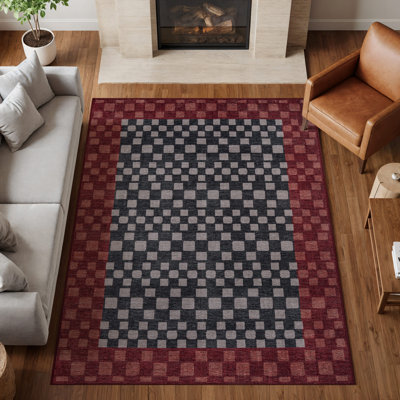 Tapis à damier gris ardoise, lavable à la machine, en polyester avec envers antidérapant