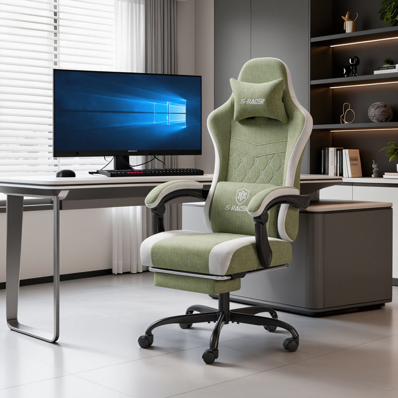 Fabric Gaming Chair With Massage Lumbar Support, High Back Ergonomic Computer Chair With Footrest, Reclining Game Chair With Linkage Armrests