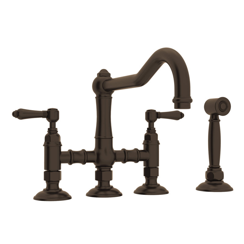 Acqui Bridge Kitchen Faucet With Side Spray, Tuscan Brass, Metal Lever Handle
