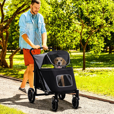 Pet Stroller For Large & Medium Dogs - Foam Wrapped Handle, Storage, Gray Big Dog Walking Ventilated, Storage Compartment,