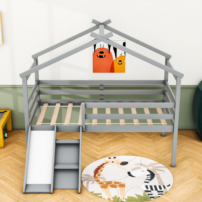 Twin Wood Low House Loft Bed With Slide, Ladder, And Safety Guardrails, Gray