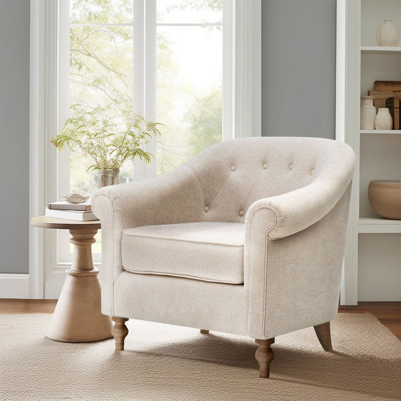 Beige Microfiber Barrel Accent Chair with Wood Legs