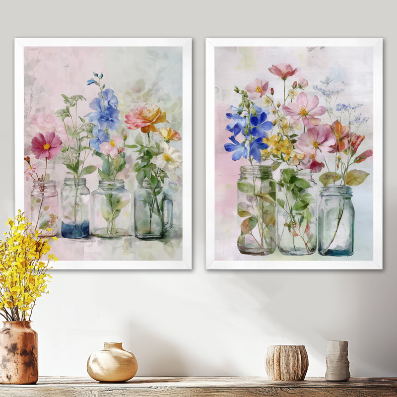 Bouquets de fleurs sauvages assortis maison de campagne - ensemble de 2 grands bouquets d'art mural, H 32 po x l 48 po