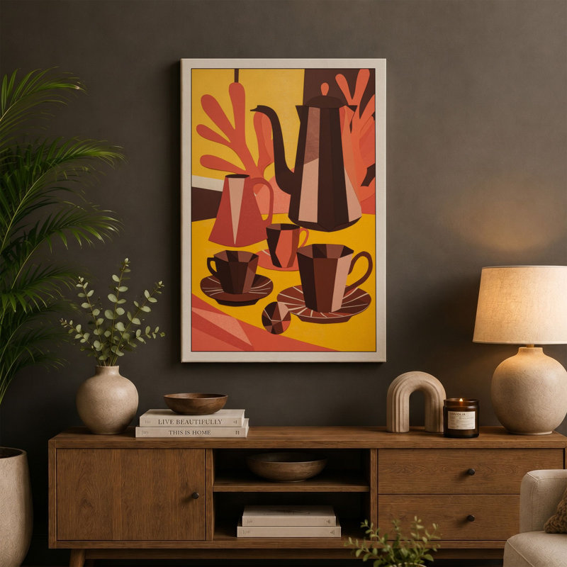 Warm Tea Service Mid-Century 1 Piece Wrapped Canvas Wall Art, 36x24 - 91.4 x 61.0 cm, Sage Border