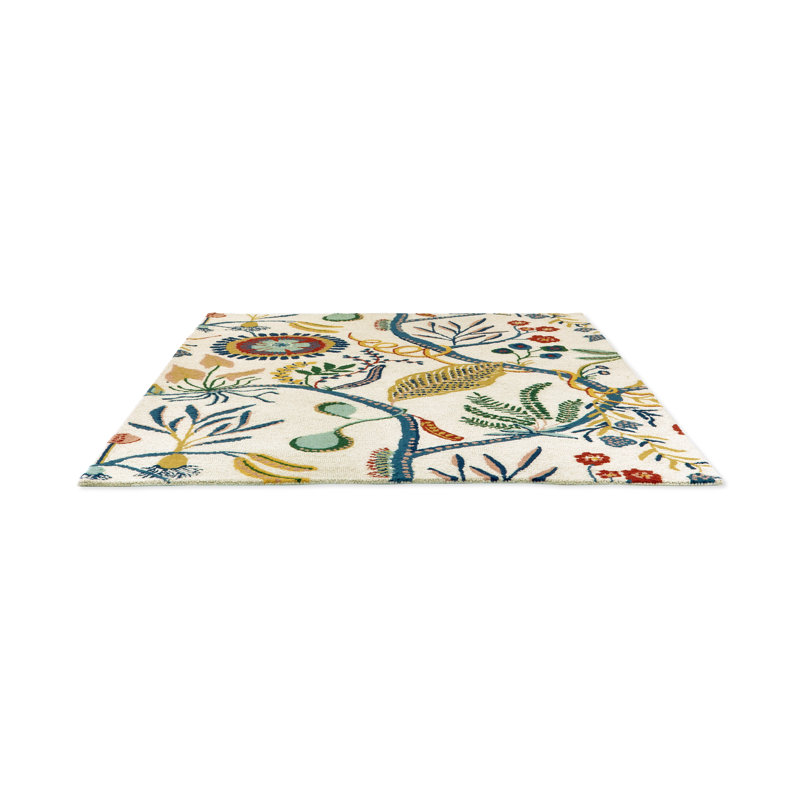 Tapis rectangulaire en laine touffeté à la main beige / vert, Rectangle 3 pi 11 po x 5 pi 11 po