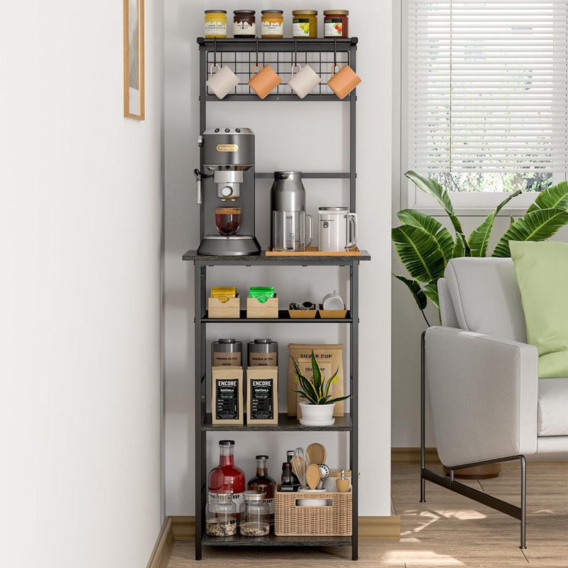 5 Tier Coffee Bar Station, Kitchen Stand With 4 S-Shaped Hooks, Farmhouse Corner Coffee Bar For Small Spaces, Bakers Rack