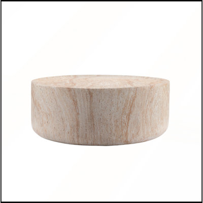 Table basse cylindrique ronde en oxyde de magnésium imitation travertin, profil bas, pour intérieur/extérieur/terrasse, diamètre 81 cm x hauteur 30,5 cm