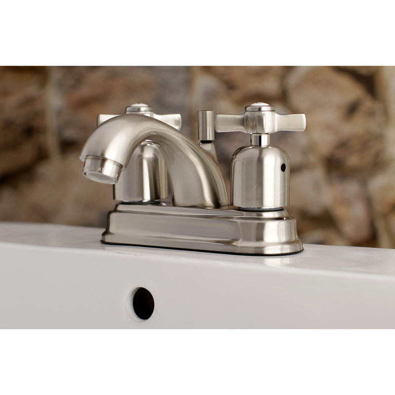Kingston Brass Millennium Two-Handle 3-Hole Deck Mount 4" Centerset Bathroom Faucet with Plastic Pop-Up, Brushed Nickel