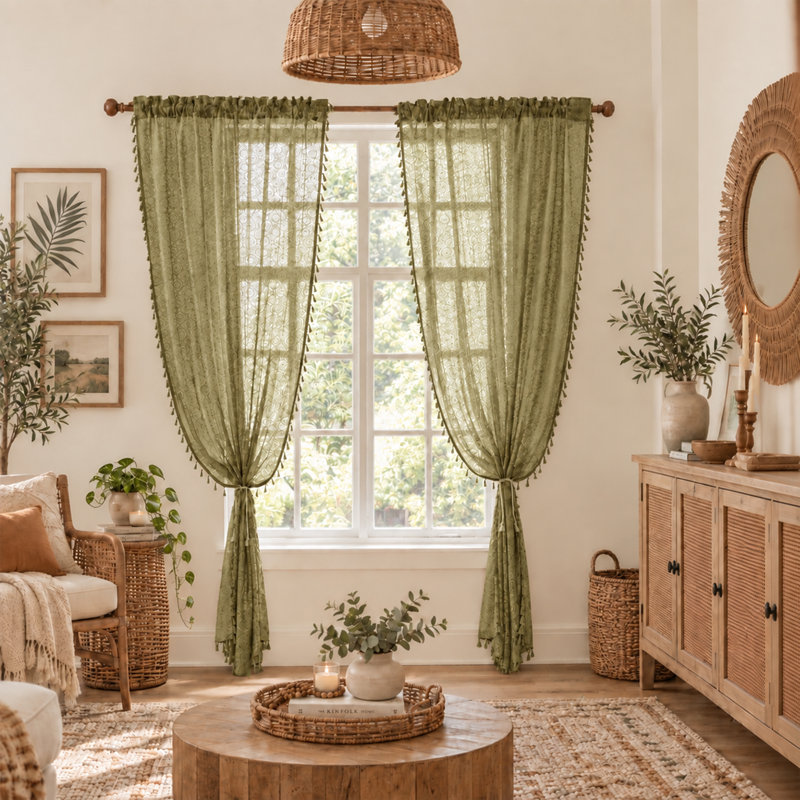 Rideaux de fenêtre Boho, Sage Green, 53" W x 84" L