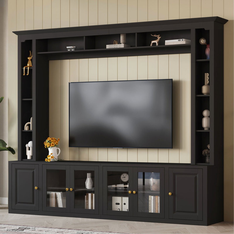 Meuble télé 4 pièces avec bibliothèque et meuble télé moderne avec tablettes réglables, Noir