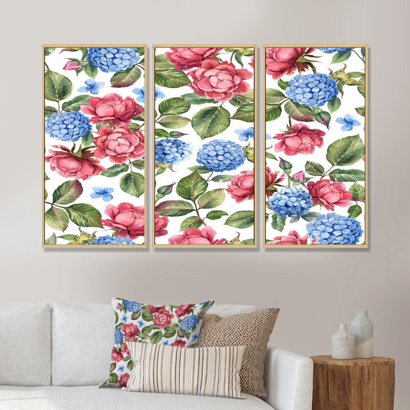 Rose rose et hortensia bleu avec feuilles sur fond blanc - reproduction de cadre flottant sur toile 3 pièces