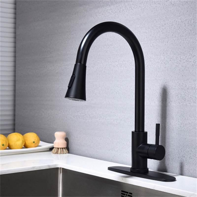 Robinet de cuisine rétractable à poignée simple avec accessoires, Noir mat