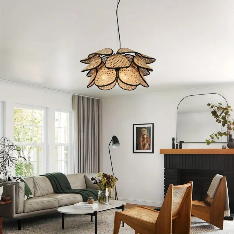 Luminaire suspendu en bambou naturel avec cadre en fer noir mat Bohème Wabi Sabi