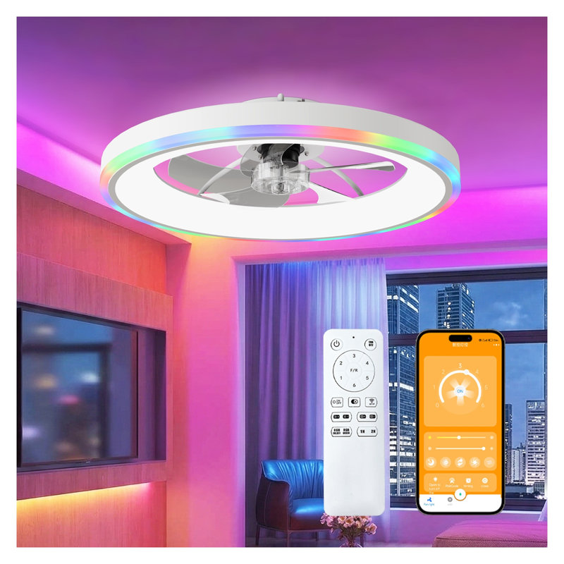 Ventilateur de plafond encastré blanc moderne 23,6 po avec lumière DEL RVB et moteur réversible silencieux