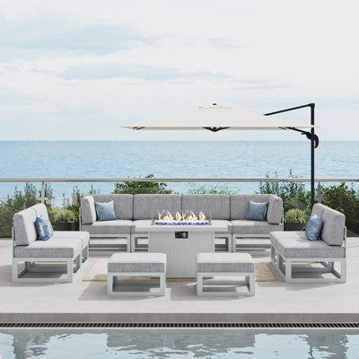  Ensemble de meubles de patio en aluminium 11 pièces avec table de feu, ensemble de conversation modulaire d'extérieur en forme de L pour la cour