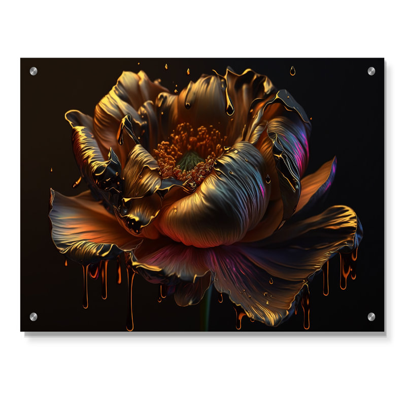 Rainbow Peony, or liquide I - pivoines, art mural en acrylique pour la cuisine, H 12 po x l 20 po