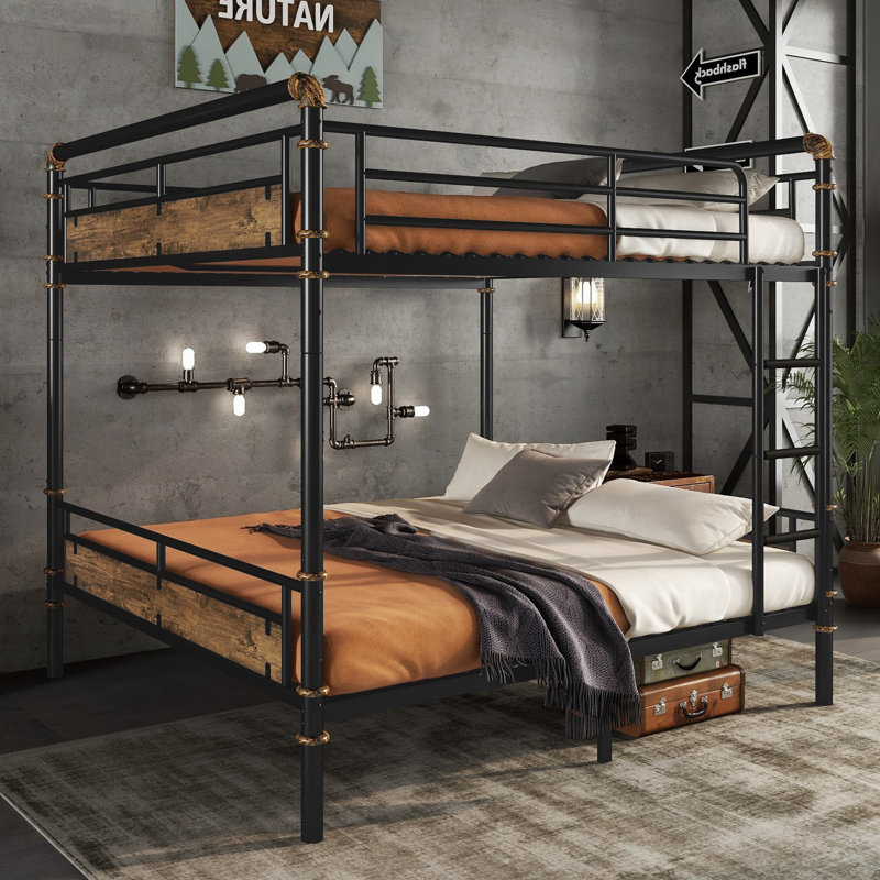 Queen over Queen Metal Bunk Bed, Industrial Detachable Bunkbeds with Safety Guard Rails for Teens