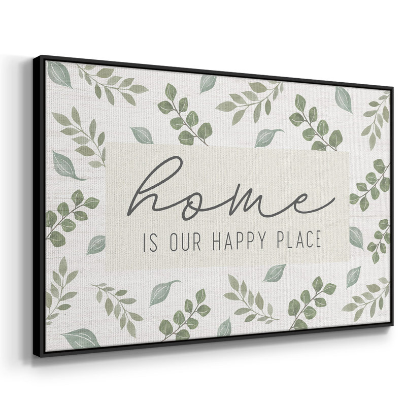"Home is our happy place", art textuel sur toile, H 27 po x l 41 po x P 2 po, Noir
