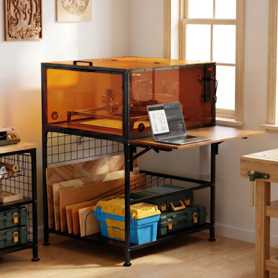 Industrial Laser Engraver Enclosure Cabinet, Heavy-Duty Metal Frame & Black Walnut Wood Protective Cover with Ventilation, Dustproof & Noise Reduction for 3D Printers