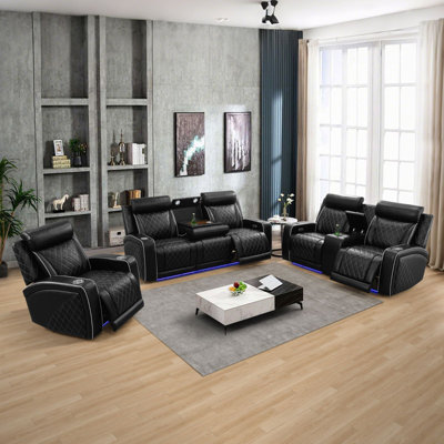 3 Pieces Power Reclining Sofa Set With Curved Arms, Inner Controls & Built-In Cup Holders (Set of 3)