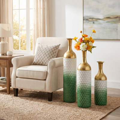 Ensemble de 3 vases de sol en métal, vert et blanc, pour la décoration intérieure