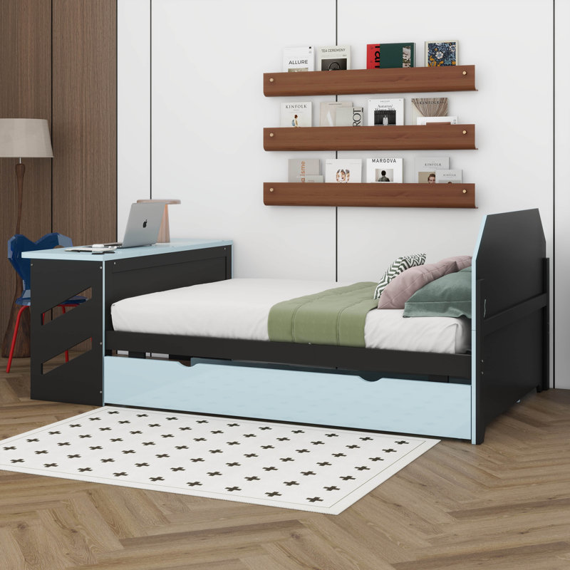 Full Size Wood Daybed With Twin Size Trundle, Built-In Desk, USB Charging Ports, Gaming Style Multifunctional Bed For Teens