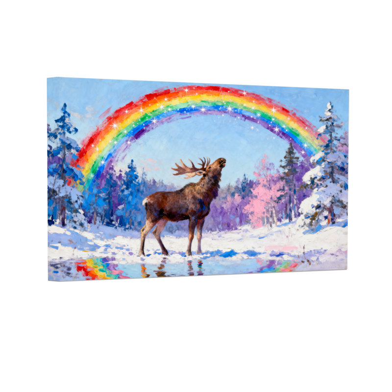 Christmas Moose In Snow With Rainbow Sky
